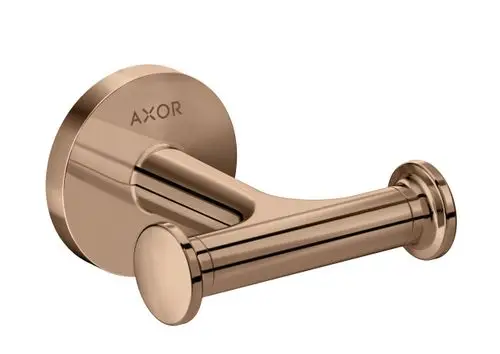 Handtuchhaken von AXOR in poliertem Rotgold, mit doppeltem Arm und runder Wandhalterung für die Befestigung in Bädern oder Küchen.